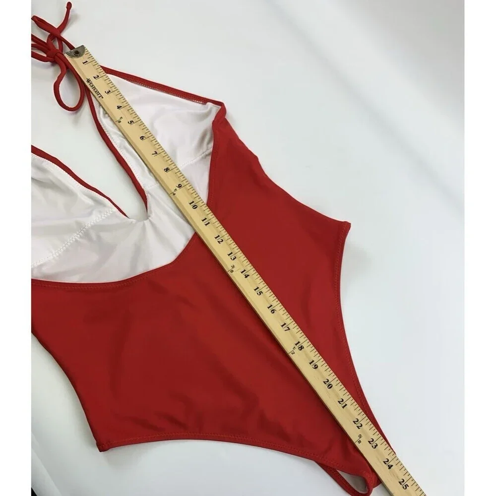 BOGO Cupshe One Piece Swimsuit Red Embroidered Deep V Neck Halter‎ Tie Womens S